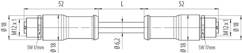 Scale drawing M12 Connecting cable 2 female cable connectors, Contacts: 8, shielded, moulded on the cable, IP67, M12x1.0, E-beam X-FRNCL/LSNH, blue, 10 m
