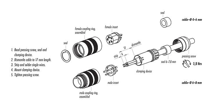 Assembly instructions M16 Female cable connector, Contacts: 7 (07-a), 4.1-7.8 mm, unshielded, solder, IP67, UL 2238, Short version