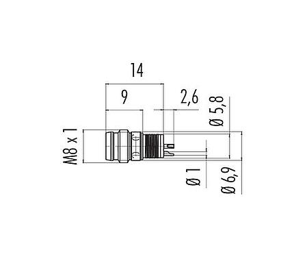 Scale drawing M8 Male receptacle, Contacts: 4, unshielded, solder, IP65, Front mounting