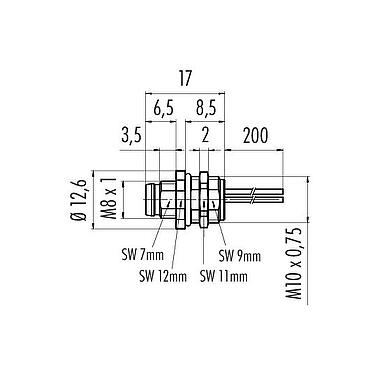 比例图 M8 针头法兰座, 极数: 6, 非屏蔽, 带导线, IP67, UL 2238, M10x0.75, 板前安装, 模压成型