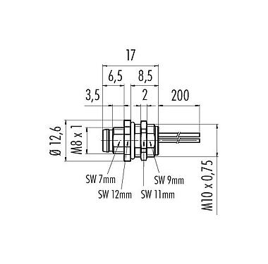 Scale drawing 76 6219 1111 00004-0200 - M8 Male panel mount connector, Contacts: 4, unshielded, single wires, IP67, UL, M10x0.75