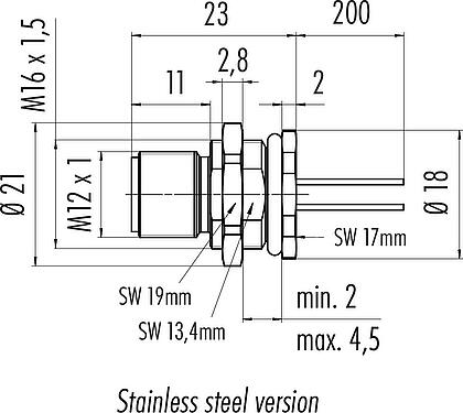 比例图 M12 针头法兰座, 极数: 12, 非屏蔽, 带导线, IP68, UL 2238, M16x1.5, 後壁安裝, 不锈钢, 模压成型