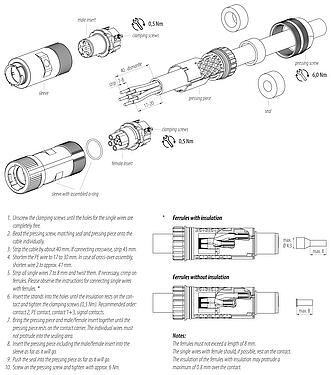Assembly instructions 99 6165 000 06 - Bayonet Male cable connector, Contacts: 6 (3+PE+2), 7.0-14.0 mm, unshielded, screw clamp, IP67 plugged and locked, UL