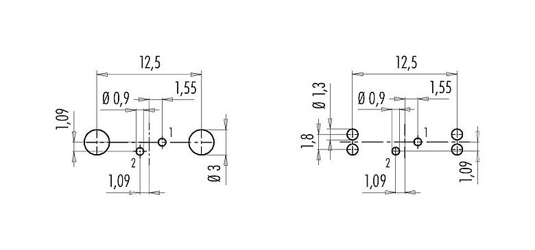 Conductor layout 09 0403 35 02 - M9 Male panel mount connector, Contacts: 2, shieldable, THT, IP67, front fastened
