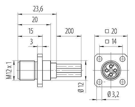 比例图 M12 针头方型法兰座, 极数: 4, 非屏蔽, 带导线, IP40, UL 2238, M3 (4x), 板前安装, 模压成型