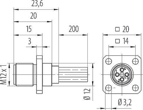 比例图 M12 针头方型法兰座, 极数: 4, 非屏蔽, 带导线, IP40, UL 2238, M3 (4x), 板前安装, 模压成型