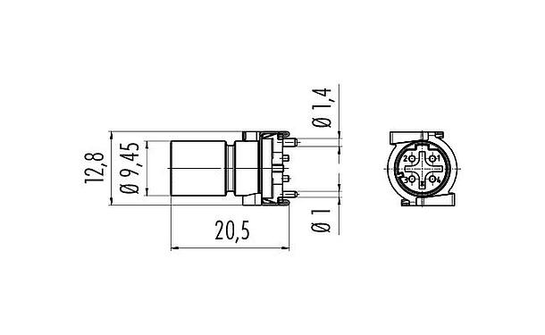 Scale drawing M12 Male panel mount connector, Contacts: 4, shieldable, SMT, IP67