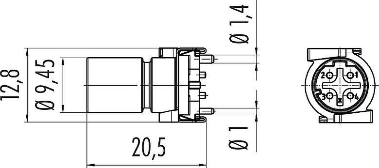 Scale drawing M12 Male panel mount connector, Contacts: 4, shieldable, SMT, IP67