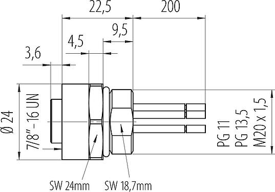 比例图 7/8" 孔头法兰座, 极数: 4+PE, 非屏蔽, 带导线, IP68, UL 2238, VDE, PG 13.5, 板前安装, 模压成型
