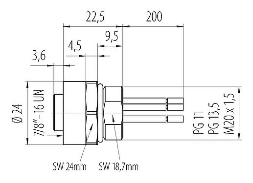 比例图 7/8" 孔头法兰座, 极数: 4+PE, 非屏蔽, 带导线, IP68, UL 2238, VDE, M20x1.5, 板前安装, 模压成型
