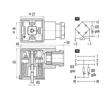 Pin assignment plans 43 1730 140 03 - Female power connector, Contacts: 2+PE, 6.0-8.0 mm, unshielded, screw clamp, IP40 without seal, Circuit P40, with LED PNP