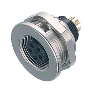 M9 Female panel mount connector, Contacts: 5, unshielded, solder, IP67, M12x0.5, Front mounting
