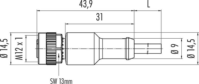 比例图 M12 直头孔头电缆连接器, 极数: 3, 非屏蔽, 预铸电缆, IP68/IP69K, UL 2238, PUR, 黑色, 3x0.34mm², 2m