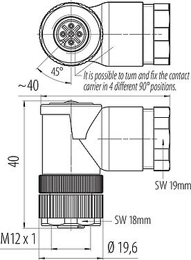 Scale drawing M12 Male duo connector - female angled connector, Contacts: 4, 2.1-3.0 mm (2 cable) or 4-5 mm (2 cable), unshielded, screw clamp, IP67