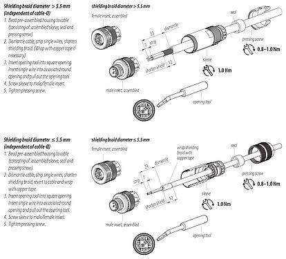 Assembly instructions M12 Male cable connector, Contacts: 5, 5.0-8.0 mm, shieldable, wire clamp, IP67, iris spring