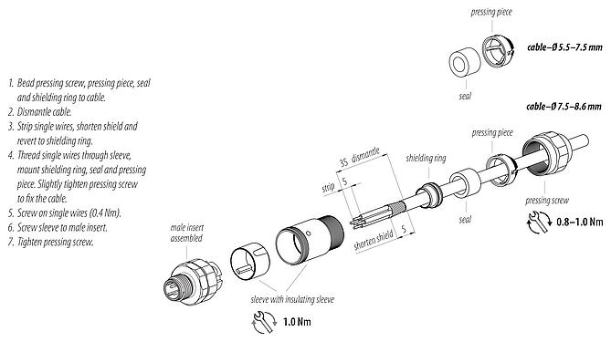 装配说明 M12 直头针头电缆连接器, 极数: 4, 5.5-8.6mm, 可接屏蔽, 螺钉接线, IP69K, UL 2238, 不锈钢, 带防护环