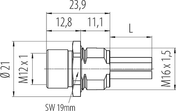 比例图 M12 孔头法兰座, 极数: 4+PE, 非屏蔽, 带导线, IP68, M16x1.5, 板前安装, UL 2237正在准备中, 模压成型