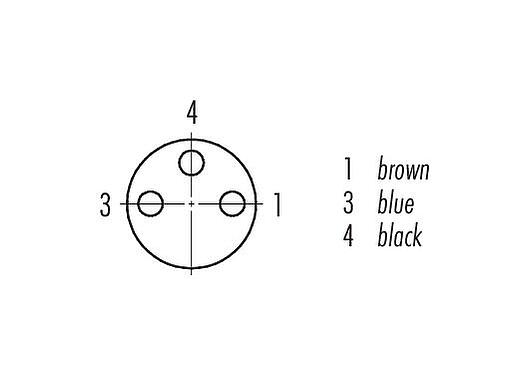 联系安排 (外掛程式側) M8 直头孔头电缆连接器, 极数: 3, 非屏蔽, 预铸电缆, IP67/IP69K, UL 2238, PUR, 黑色, 3x0.34mm², 带LED的PNP, 5m