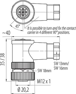 比例图 M12 弯角孔头电缆连接器, 极数: 5, 4.0-6.0mm, 非屏蔽, 螺钉接线, IP67, UL 2238
