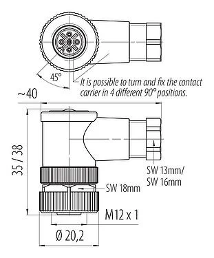 Scale drawing 99 0436 24 05 - M12 Female angled connector, Contacts: 5, 4.0-6.0 mm, unshielded, screw clamp, IP67, UL