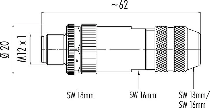 比例图 M12 直头针头电缆连接器, 极数: 8, 4.0-6.0mm, 可接屏蔽, 螺钉接线, IP67, UL 2238, 带防护环