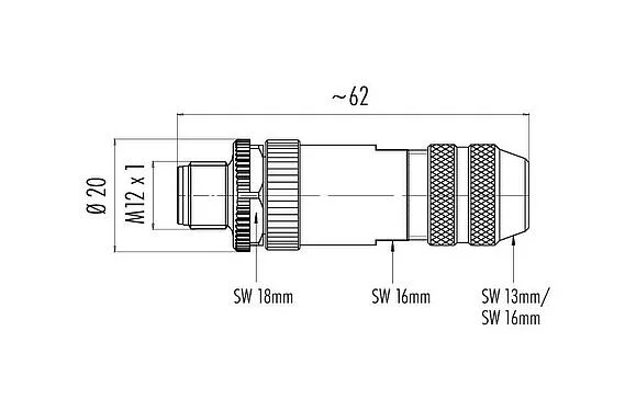 Scale drawing M12 Male cable connector, Contacts: 8, 6.0-8.0 mm, shieldable, screw clamp, IP67, UL 2238, with shielding ring