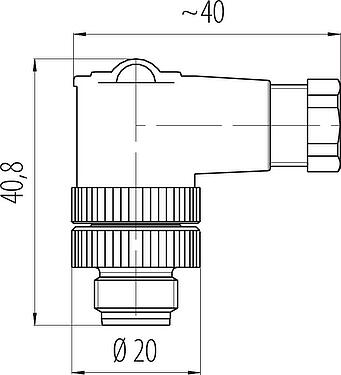 比例图 M12 弯角针头电缆连接器, 极数: 2+PE, 4.0-6.0mm, 非屏蔽, 螺钉接线, IP67, UL