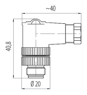 比例图 M12 弯角针头电缆连接器, 极数: 2+PE, 4.0-6.0mm, 非屏蔽, 螺钉接线, IP67