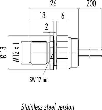 Scale drawing M12 Male panel mount connector, Contacts: 5, unshielded, single wires, IP68/IP69K, UL 2238, M16x1.5, Front mounting, stainless steel, positionable, potted