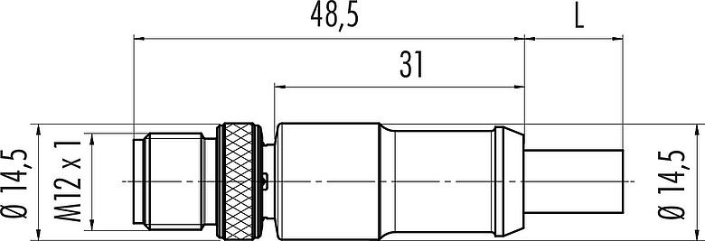 比例图 M12 直头针头电缆连接器, 极数: 2, 屏蔽, 预铸电缆, IP67, UL 2238, Profibus, PUR, 紫色, 2x0.25mm², 2m