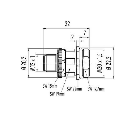 Scale drawing M12 Male panel mount connector, Contacts: 5, unshielded, screw clamp, IP67, UL 2238, VDE, M20x1.5, Front mounting