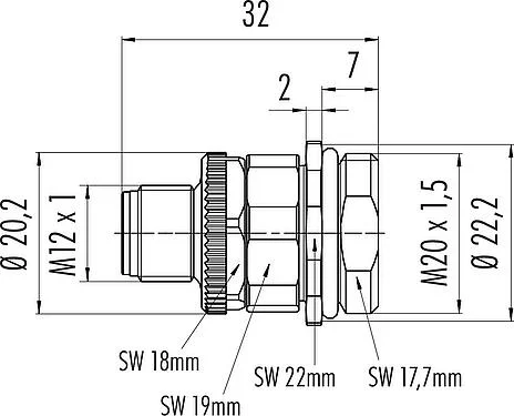 比例图 M12 针头法兰座, 极数: 5, 非屏蔽, 螺钉接线, IP67, UL 2238, M20x1.5, 板前安装, 用于供电