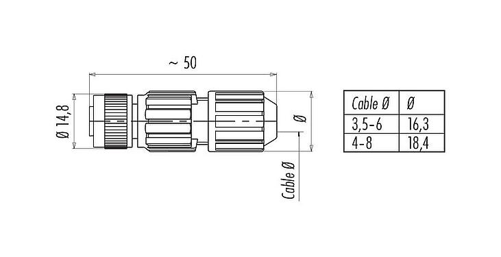 Scale drawing M12 Female cable connector, Contacts: 4, 3.5-6.0 mm, unshielded, IDC, IP67