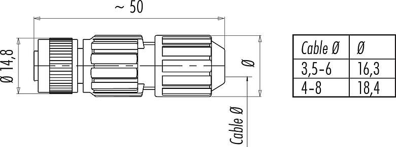 比例图 M12 直头孔头电缆连接器, 极数: 4, 4.0-8.0mm, 非屏蔽, IDC, IP67