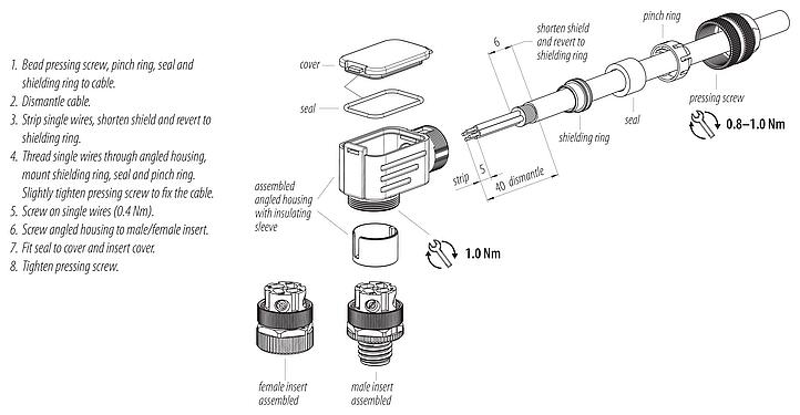 装配说明 M12 弯角孔头电缆连接器, 极数: 4, 6.0-8.0mm, 可接屏蔽, 螺钉接线, IP67, UL 2238, 带防护环