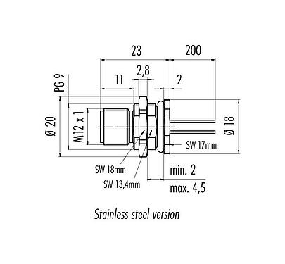 Scale drawing M12 Male panel mount connector, Contacts: 5, unshielded, single wires, IP68, UL 2238, PG 9, Rear mounting, stainless steel, potted