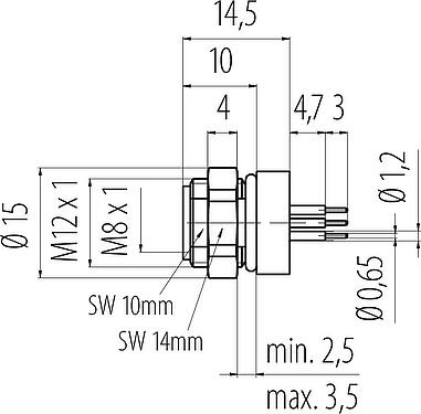 比例图 M8 孔头法兰座, 极数: 4, 非屏蔽, THT, IP67, M12x1.0, 後壁安裝, 模压成型