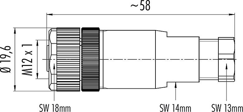 Scale drawing M12 Female cable connector, Contacts: 5, 6.0-8.0 mm, unshielded, screw clamp, IP67, UL 2238
