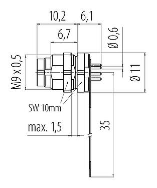 Scale drawing M9 Male panel mount connector, Contacts: 7, unshielded, THT, IP40, M9x0,5, Rear mounting