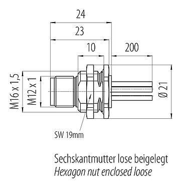 比例图 M12 针头法兰座, 极数: 5, 非屏蔽, 带导线, IP68, UL 2238, M16x1.5, 後壁安裝, 可从板前拧紧, 模压成型