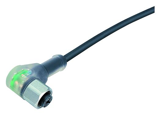 插图 M12 弯角孔头电缆连接器, 极数: 4, 非屏蔽, 预铸电缆, IP68/IP69K, UL 2238, PUR, 黑色, 4x0.34 mm², 带LED的PNP, 不锈钢, 5m