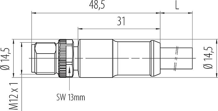 比例图 M12 直头针头电缆连接器, 极数: 3+PE, 非屏蔽, 预铸电缆, IP68, UL 2238, PUR, 黑色, 4x1.50mm², 2m