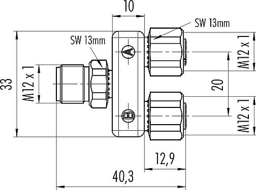 Scale drawing M12 Twin distributors, Y-distributor, male connector - 2 female connector, Contacts: 5, unshielded, pluggable, IP68, UL 2238, stainless steel