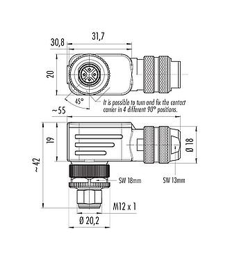 比例图 M12 弯角针头电缆连接器, 极数: 4, 6.0-8.0mm, 可接屏蔽, 螺钉接线, IP67, UL 2238, 带防护环