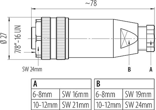 比例图 7/8" 直头孔头电缆连接器, 极数: 2+PE, 6.0-8.0mm, 非屏蔽, 螺钉接线, IP67, UL 2238, VDE
