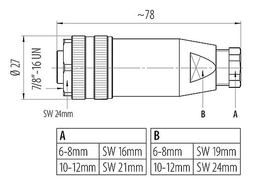 比例图 7/8" 直头孔头电缆连接器, 极数: 2+PE, 6.0-8.0mm, 非屏蔽, 螺钉接线, IP67, UL 2238, VDE