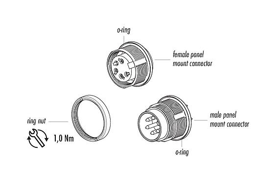 Component part drawing M16 Male panel mount connector, Contacts: 8 (08-a), unshielded, THT, IP68, UL 2238, AISG compliant, M18x0,75, Rear mounting