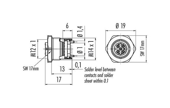 Scale drawing M12 Female panel mount connector, Contacts: 5, shieldable, SMT, IP67, M14x1.0, Front mounting