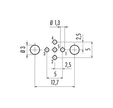Conductor layout M12 Female panel mount connector, Contacts: 5, shieldable, THT, IP68, UL 2238, PG 9, Rear mounting, potted