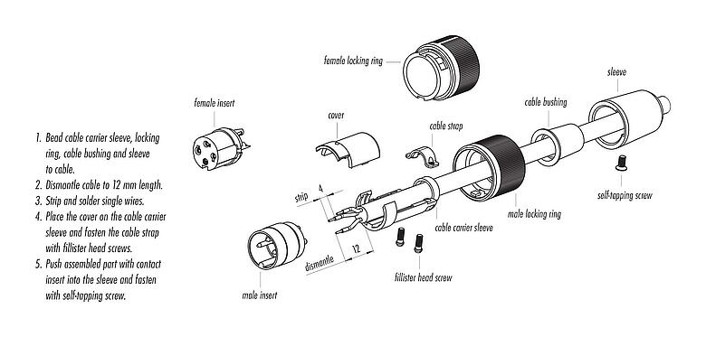 Assembly instructions Bayonet Female cable connector, Contacts: 4, 6.0-8.0 mm, unshielded, solder, IP40
